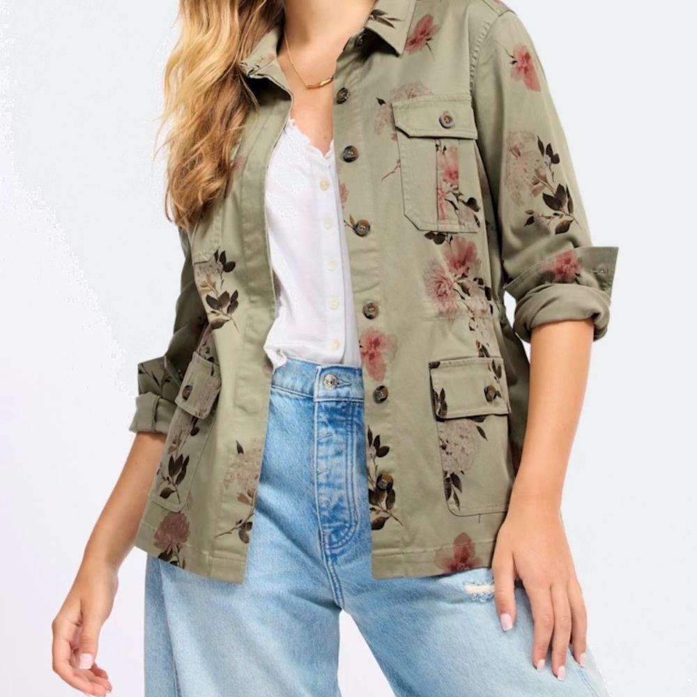 Printed Floral Utility Jacket - Olive Green
